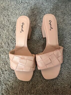 Qupid Blush Woven Block Heel Slide Sandals